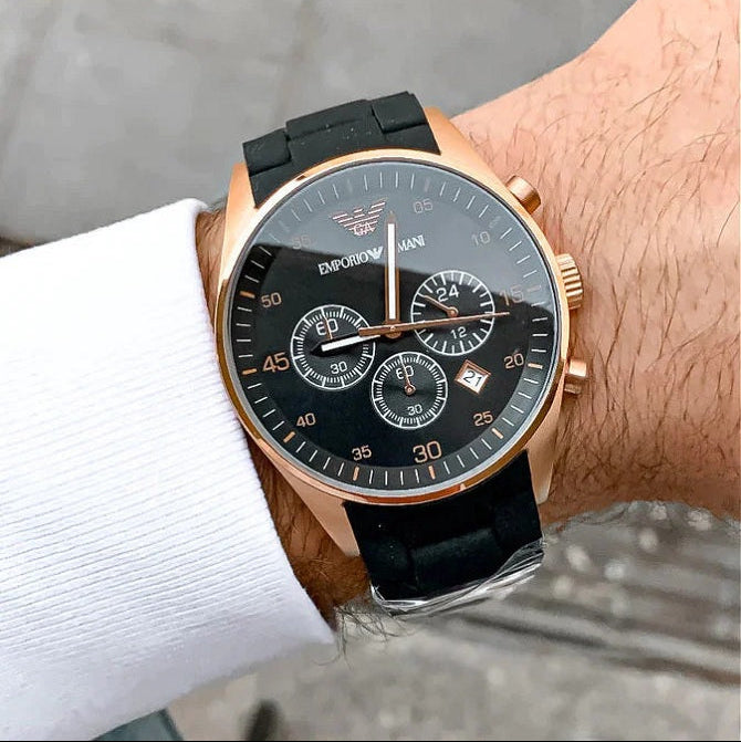 Emporio Armani Men's Watch Silicone Black Strap With Black Dial And Rose Gold Case AR5905 Sportivo