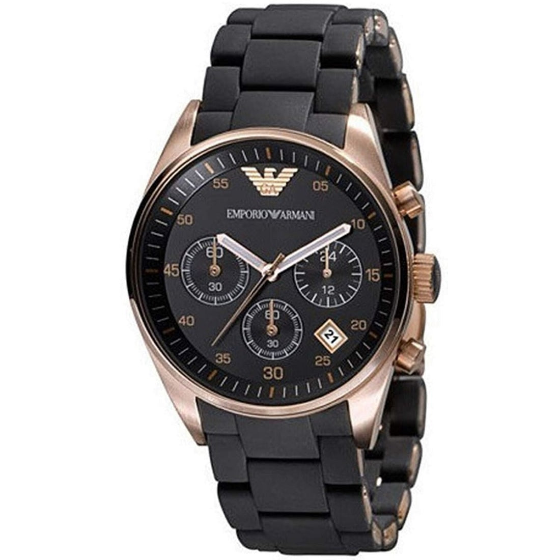 Emporio Armani Women's Watch Silicone Black Strap With Black Dial And Rose Gold Case AR5906 Sportivo