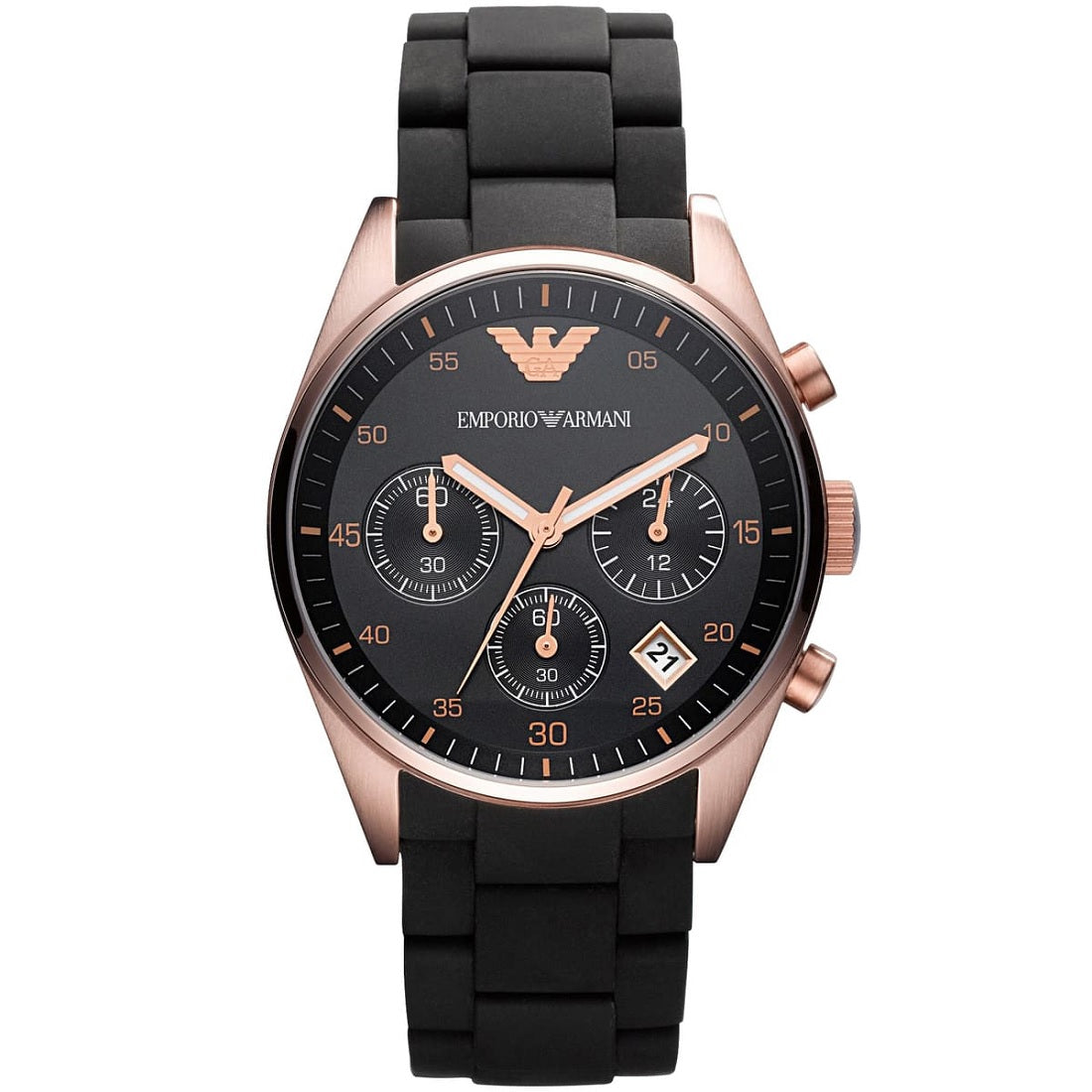 Emporio Armani Women's Watch Silicone Black Strap With Black Dial And Rose Gold Case AR5906 Sportivo