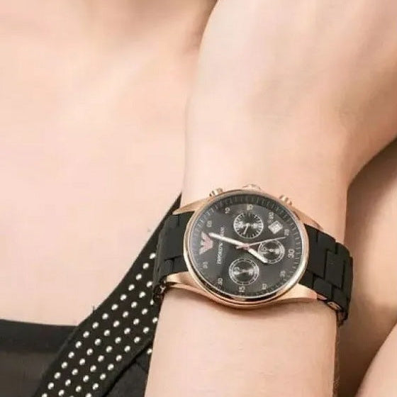 Emporio Armani Women's Watch Silicone Black Strap With Black Dial And Rose Gold Case AR5906 Sportivo