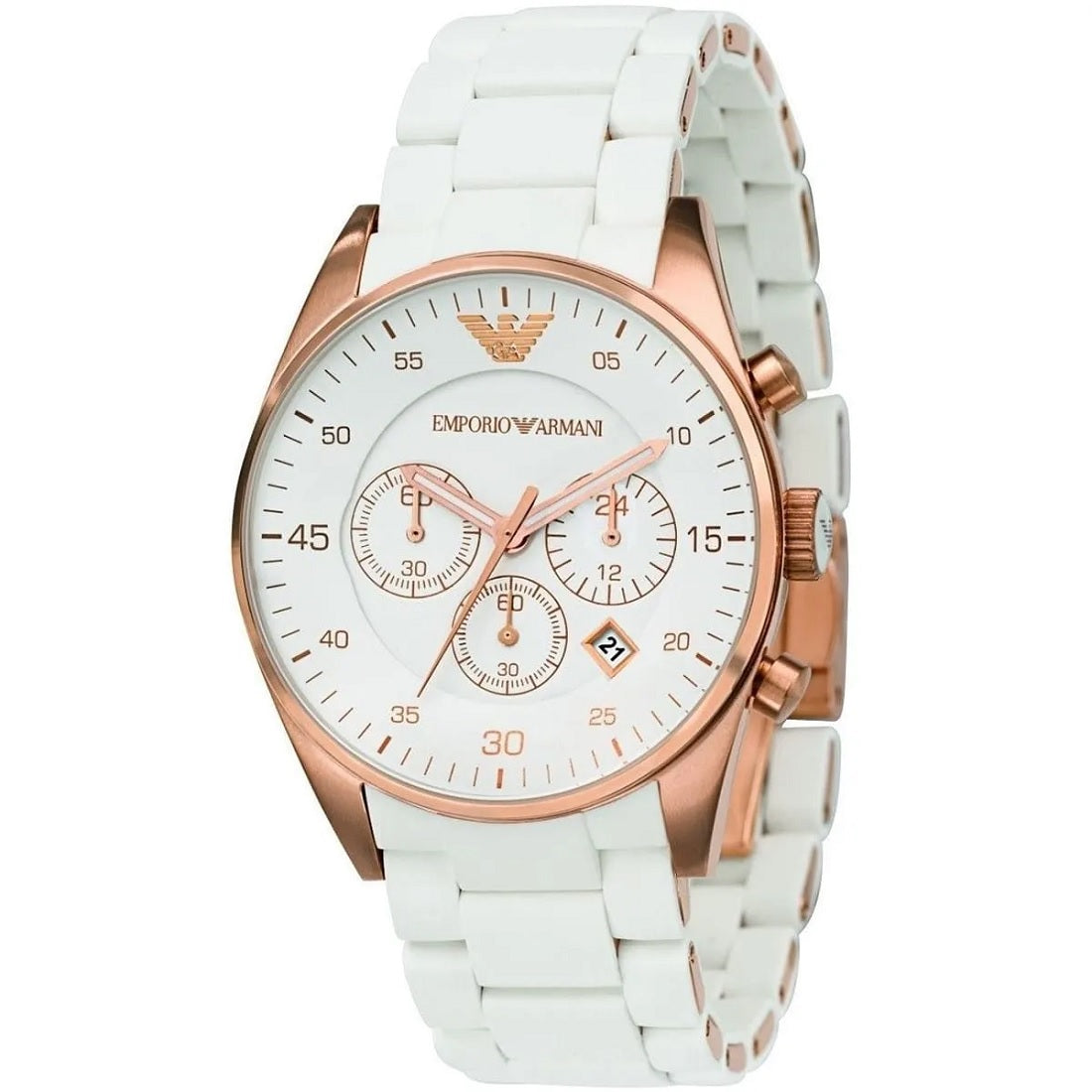 Emporio Armani Mens Watch Silicone White Strap with White Dial and Gold Case AR5919 Sportivo