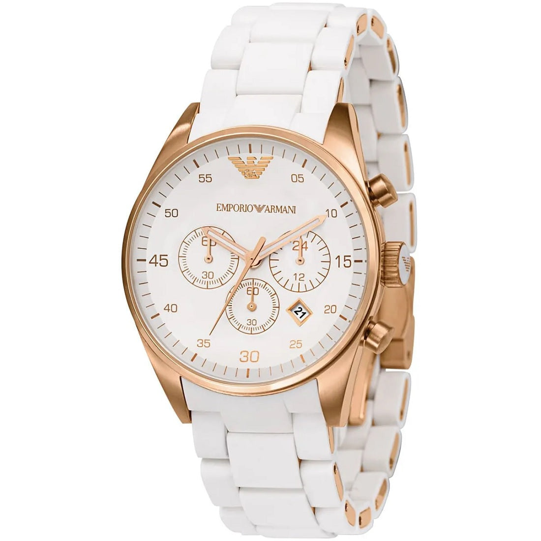 Emporio Armani Women's Watch Silicone White Strap With White Dial And Rose Gold Case AR5920 Sportivo