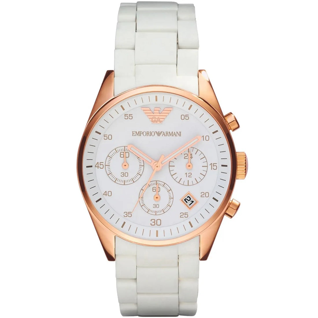 Emporio Armani Women's Watch Silicone White Strap With White Dial And Rose Gold Case AR5920 Sportivo