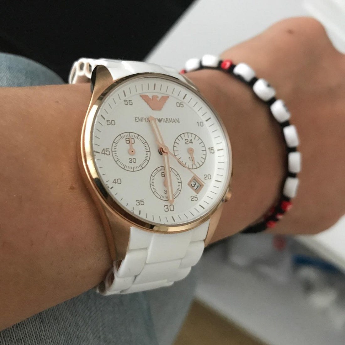 Emporio Armani Women's Watch Silicone White Strap With White Dial And Rose Gold Case AR5920 Sportivo