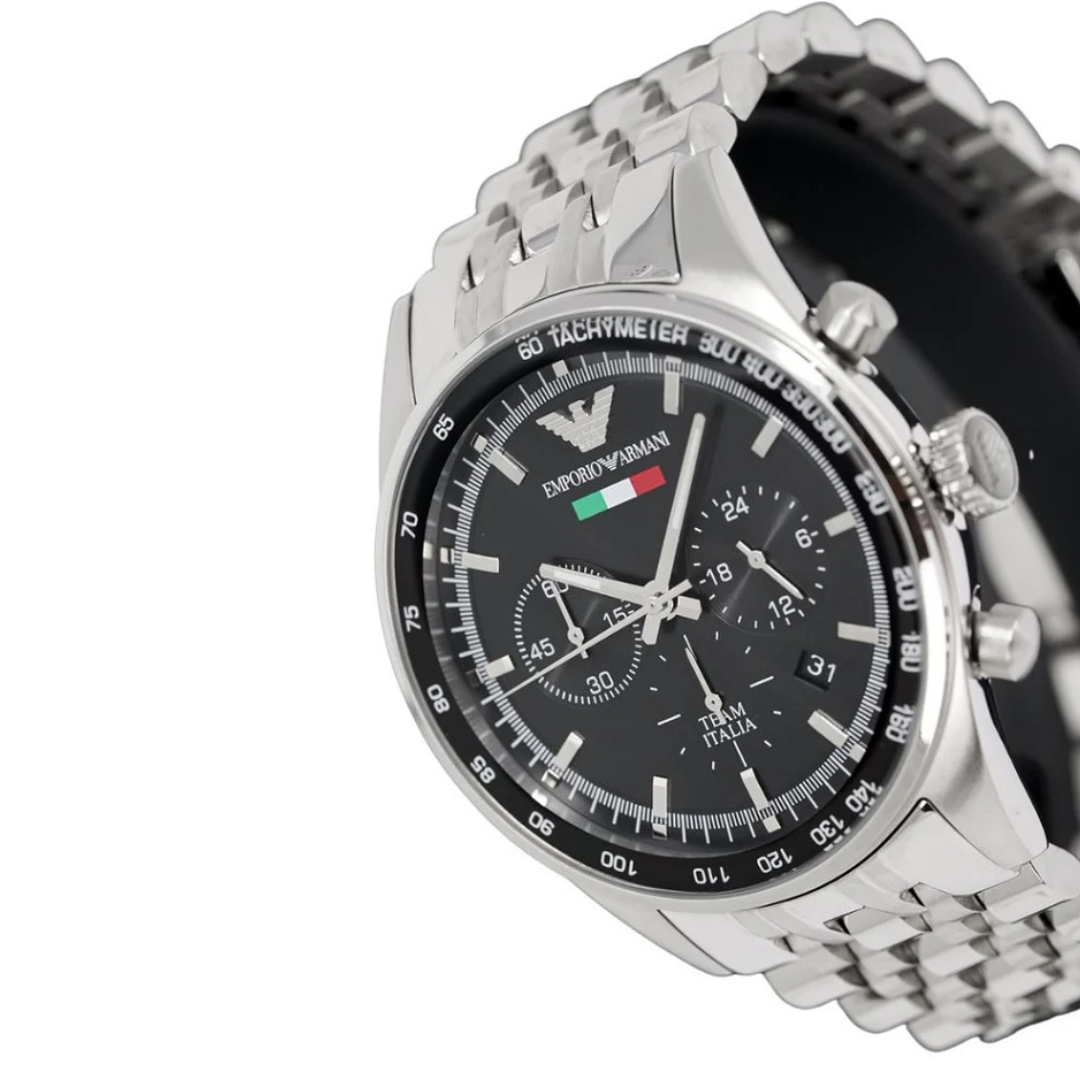 Emporio Armani Men's Watch Stainless Steel Silver Strap With Black Dial  AR5983 Tazio