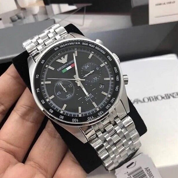 Emporio Armani Men's Watch Stainless Steel Silver Strap With Black Dial  AR5983 Tazio