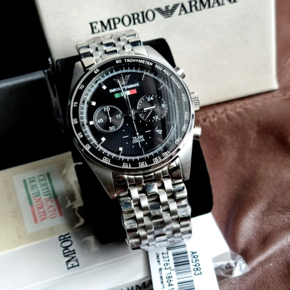 Emporio Armani Men's Watch Stainless Steel Silver Strap With Black Dial  AR5983 Tazio