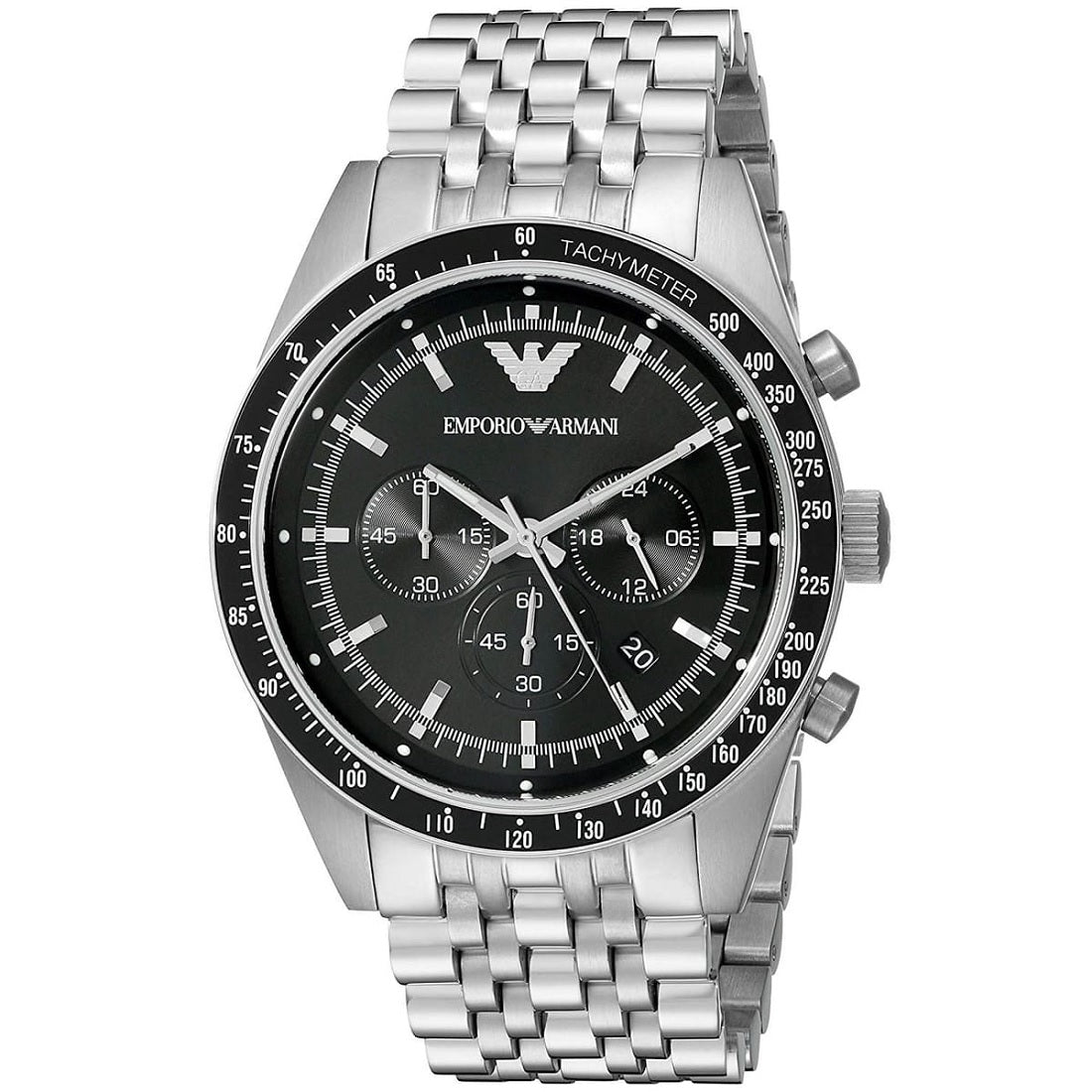 Emporio Armani Men's Watch Stainless Steel Silver Strap With Black Dial AR5988 Sportivo