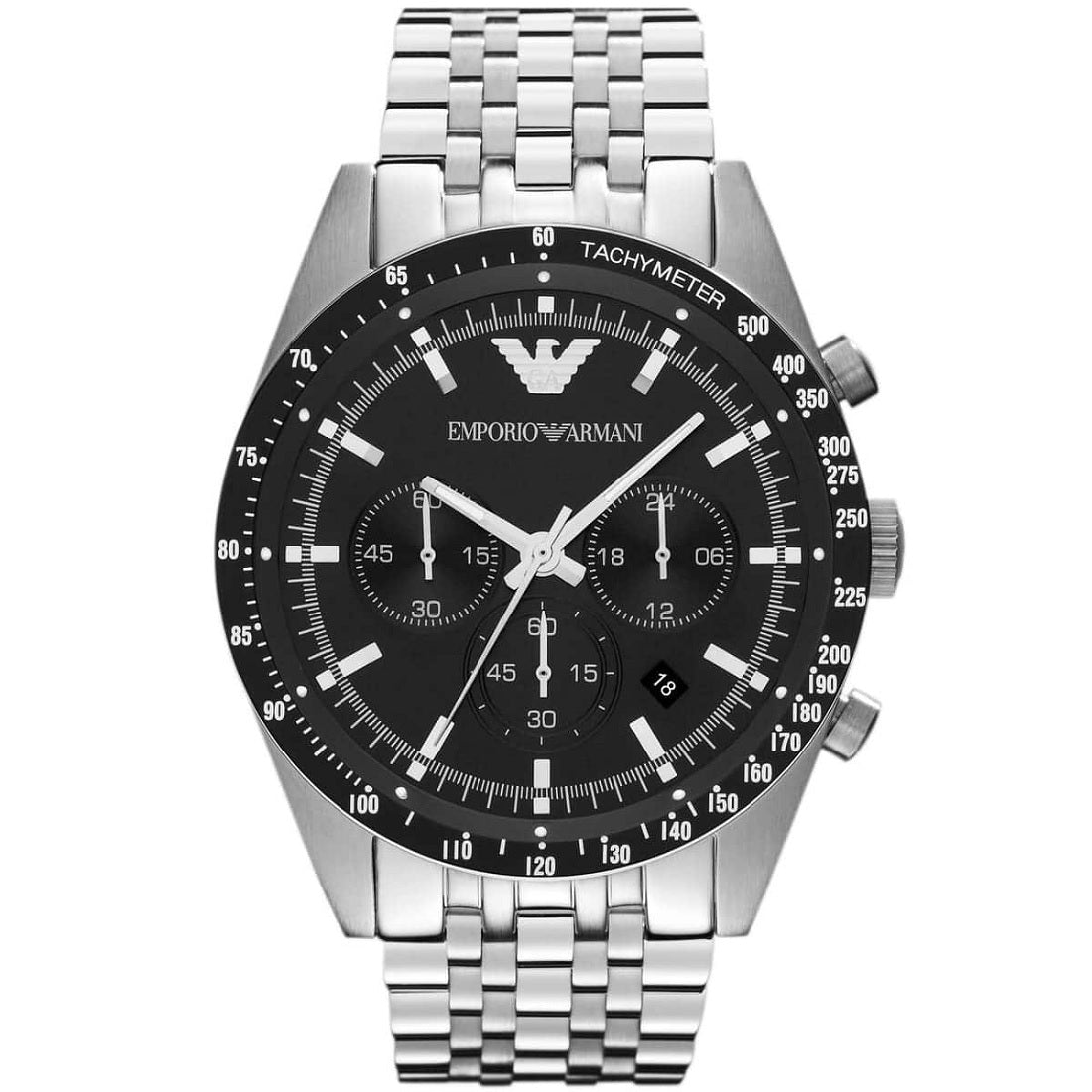 Emporio Armani Men's Watch Stainless Steel Silver Strap With Black Dial AR5988 Sportivo