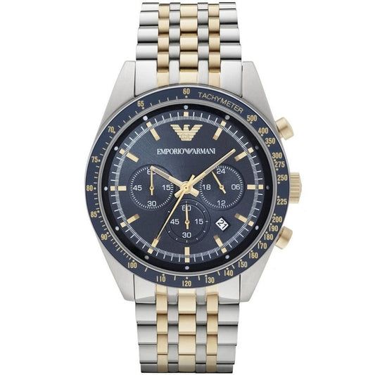 Emporio Armani Men's Watch Stainless Steel Silver & Gold Tone Strap With Navy Blue Dial AR6088 Tazio