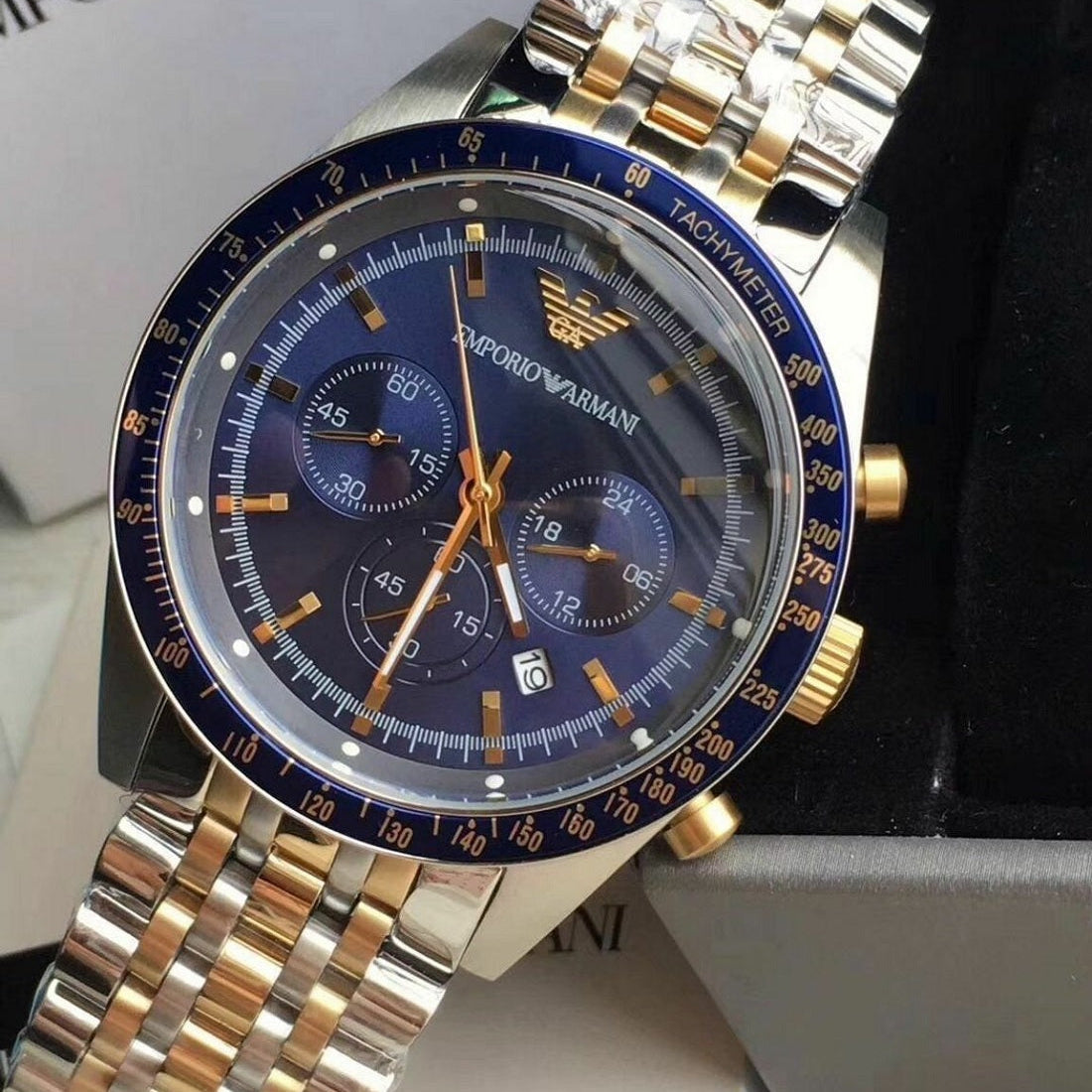 Emporio Armani Men's Watch Stainless Steel Silver & Gold Tone Strap With Navy Blue Dial AR6088 Tazio