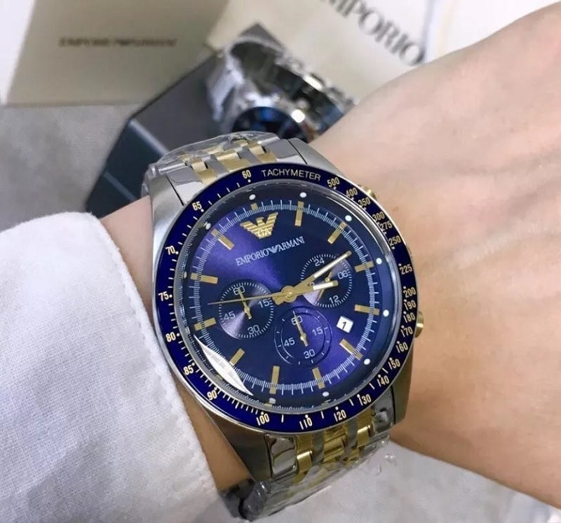 Emporio Armani Men's Watch Stainless Steel Silver & Gold Tone Strap With Navy Blue Dial AR6088 Tazio