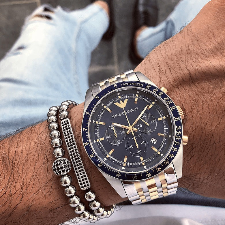 Emporio Armani Men's Watch Stainless Steel Silver & Gold Tone Strap With Blue Dial AR8030 Tazio