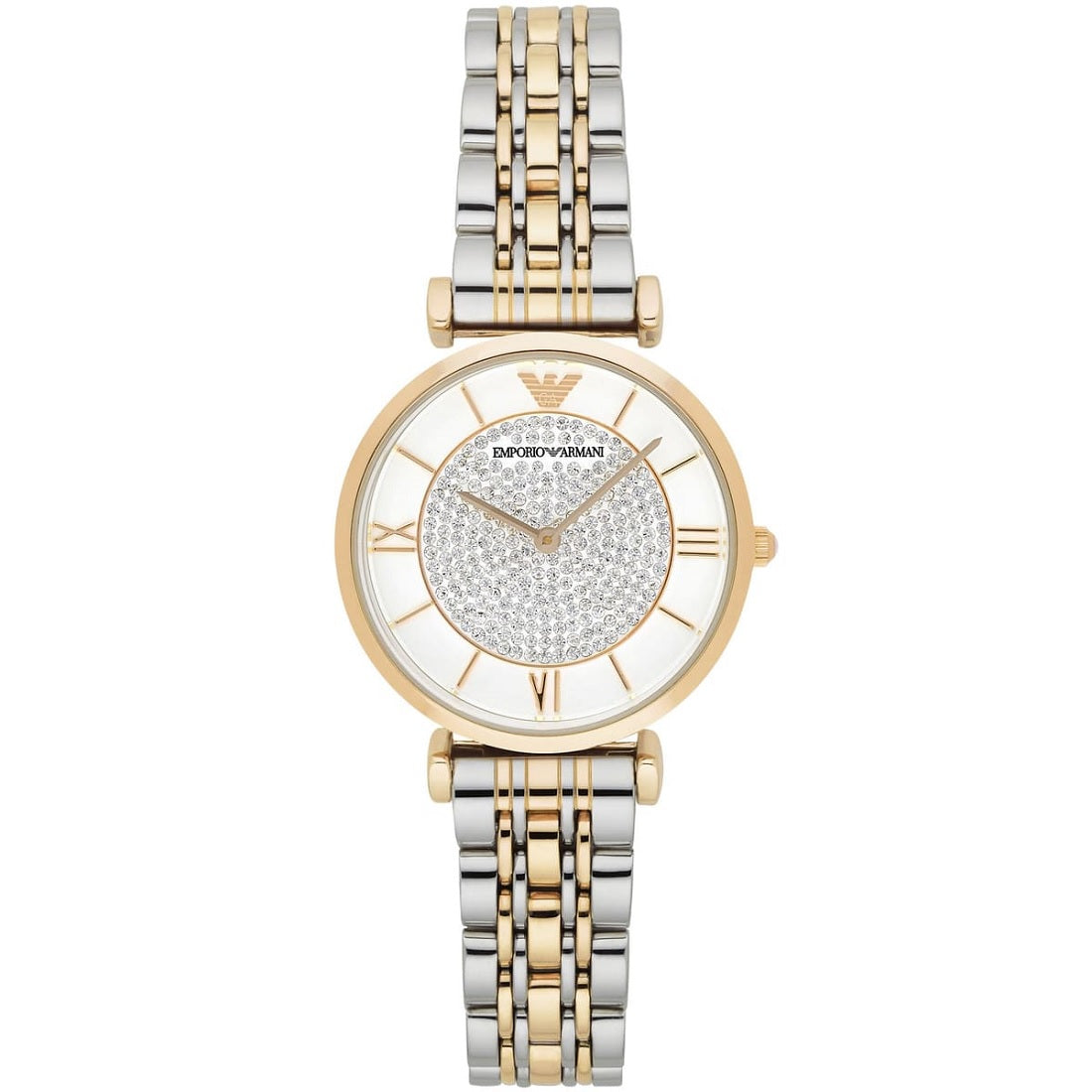 Emporio Armani Women's Watch Stainless Steel Silver & God Tone Strap White Pave Crystal White Dial AR8031 Gianni T-Bar