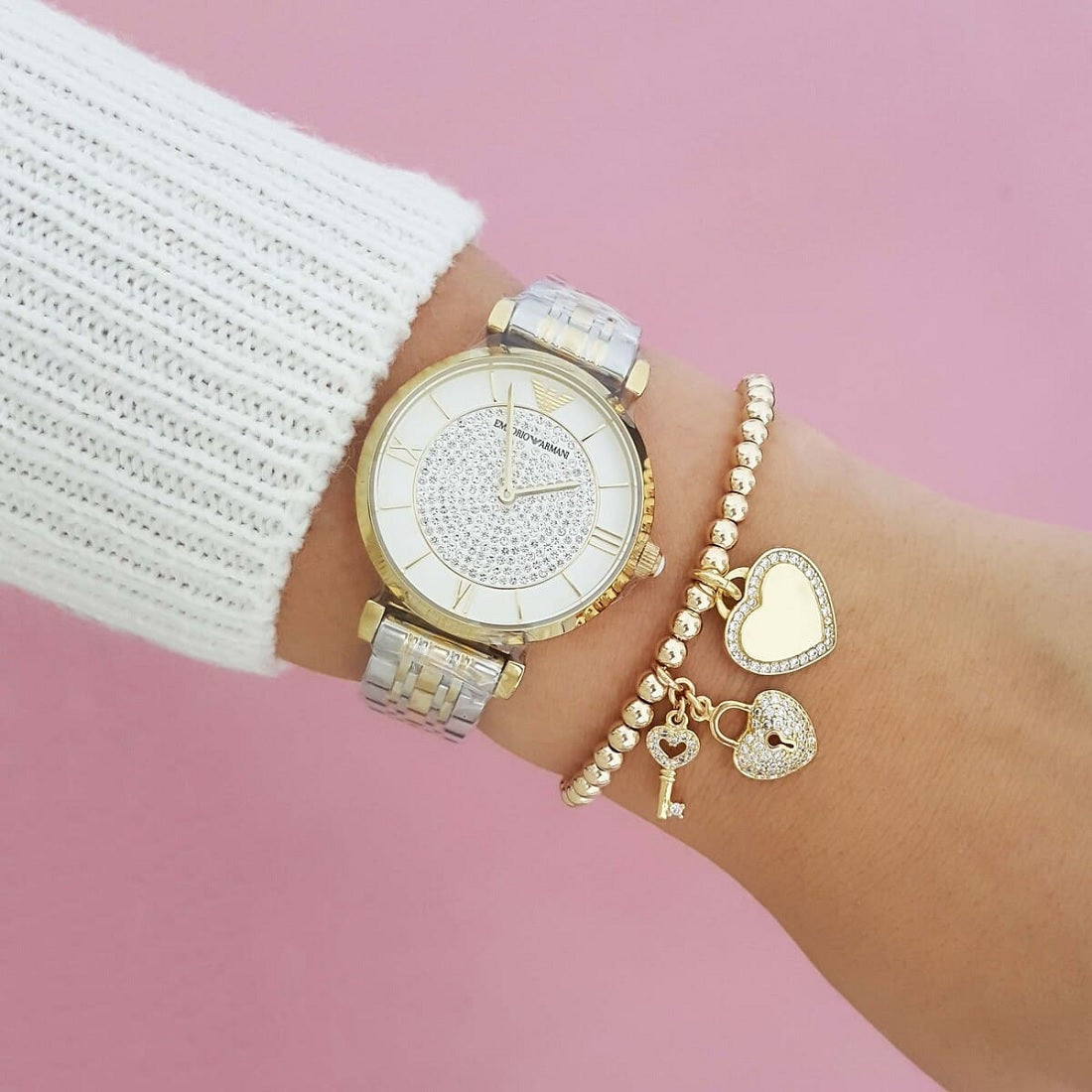 Emporio Armani Women's Watch Stainless Steel Silver & God Tone Strap White Pave Crystal White Dial AR8031 Gianni T-Bar