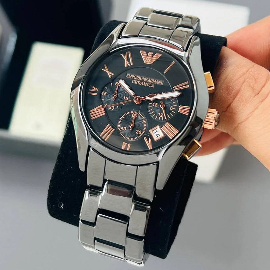 Emporio Armani Men’s Watch Ceramic Black Strap With Black Dial And Rose Gold Tone AR1410