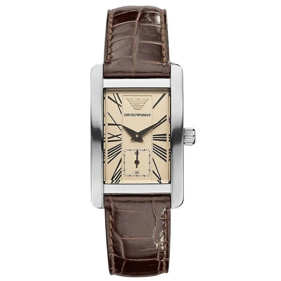 Emporio Armani Men’s Watch Leather Brown Strap With Beige Dial And Silver Case AR0154 Classic