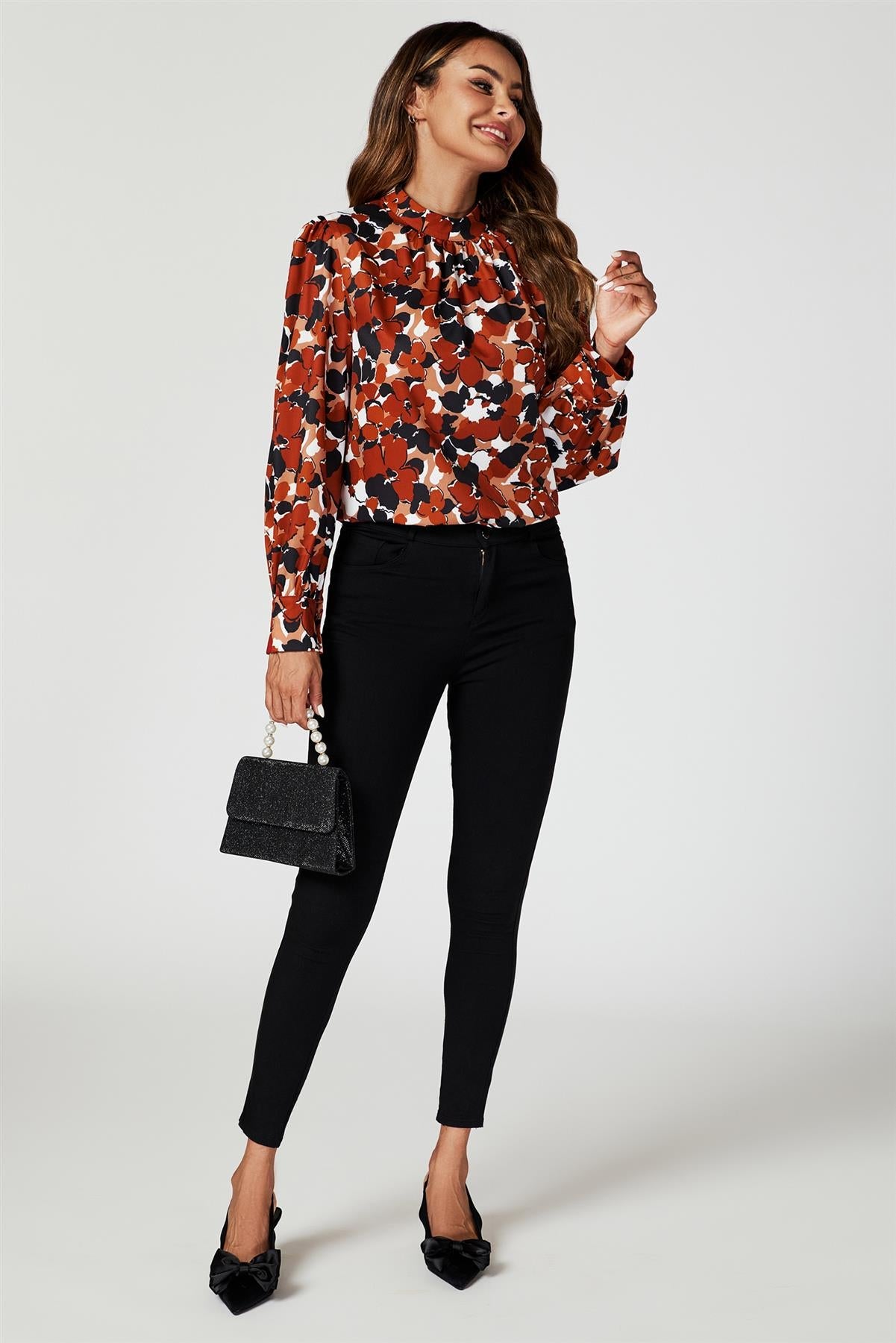 Floral Print Long Sleeve High Neck Top In Rust