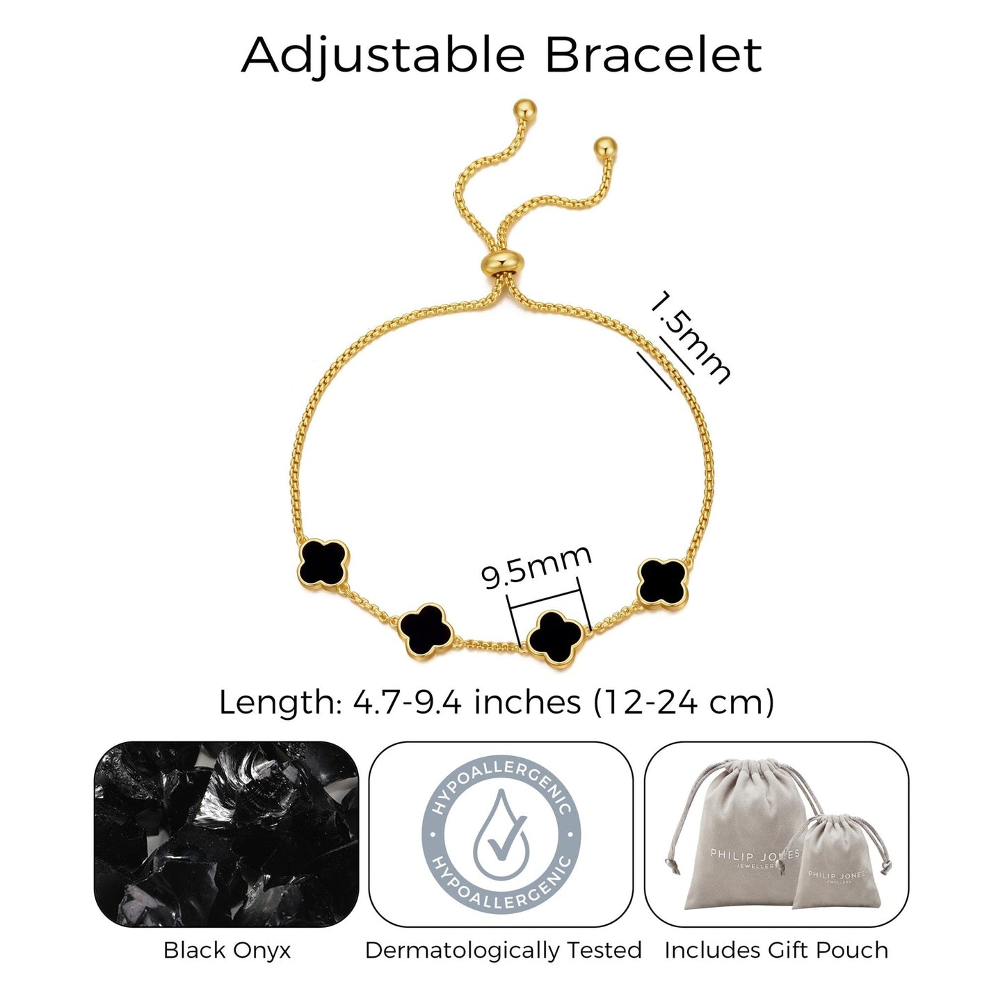 Gold Plated Black Onyx Multi Clover Friendship Bracelet