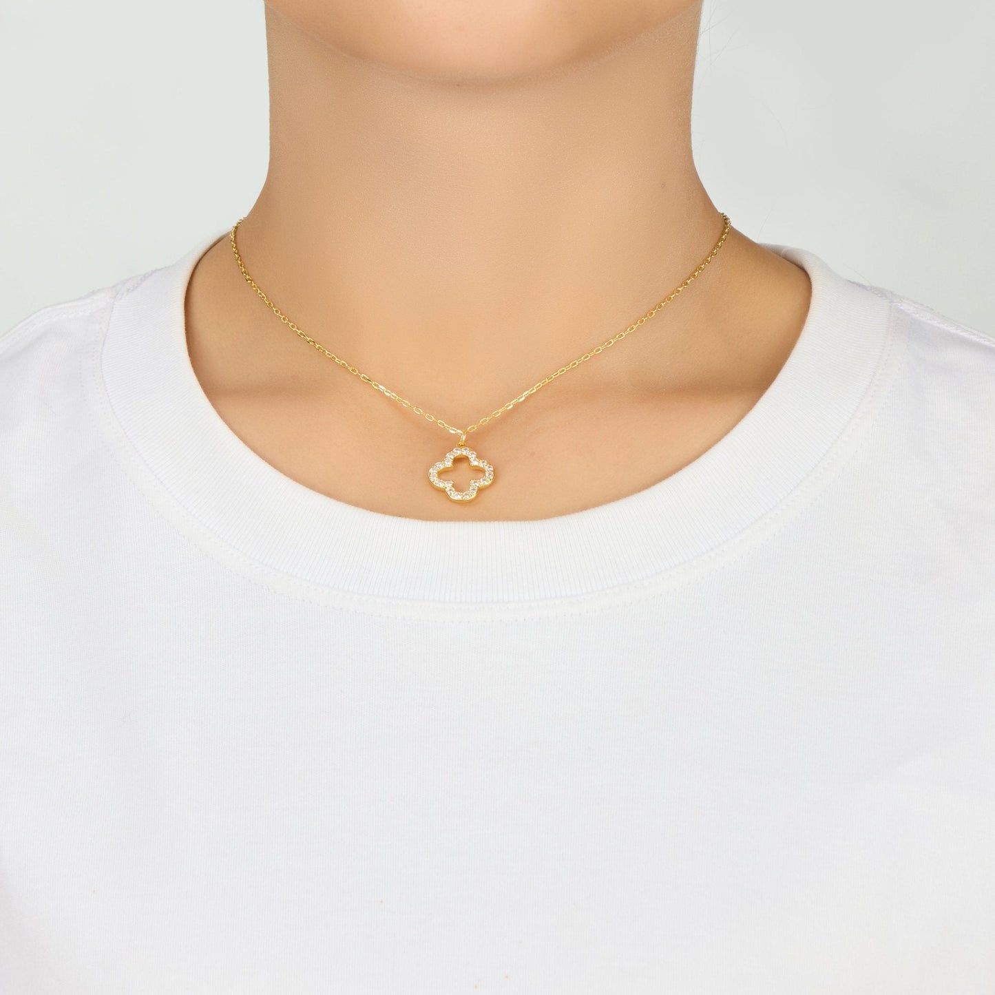 Gold Plated Clover Necklace Created with Zircondia® Crystals