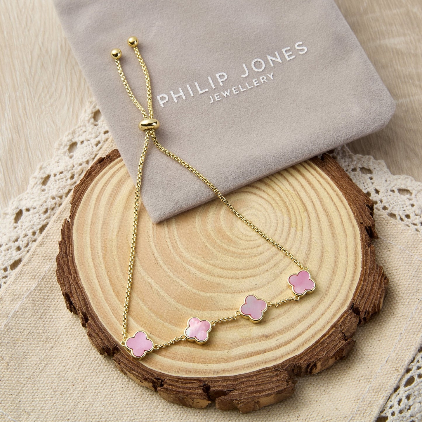 Gold Plated Pink Mother Of Pearl Multi Clover Friendship Bracelet
