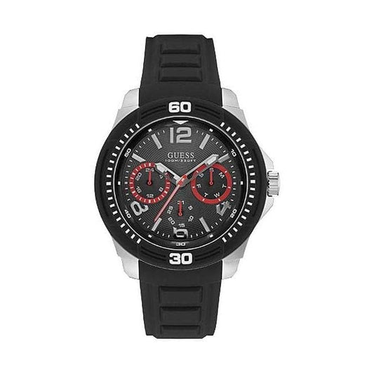 Guess Watches Guess Gents Silver Watch Black Multifunctional Dial And Black Silicone Strap W0967g1