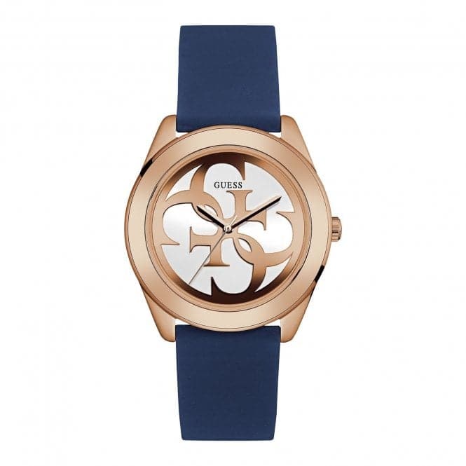 Guess Watches Guess Ladies Rose Gold Watch White Logo Dial And Blue Silicone Strap W0911l6