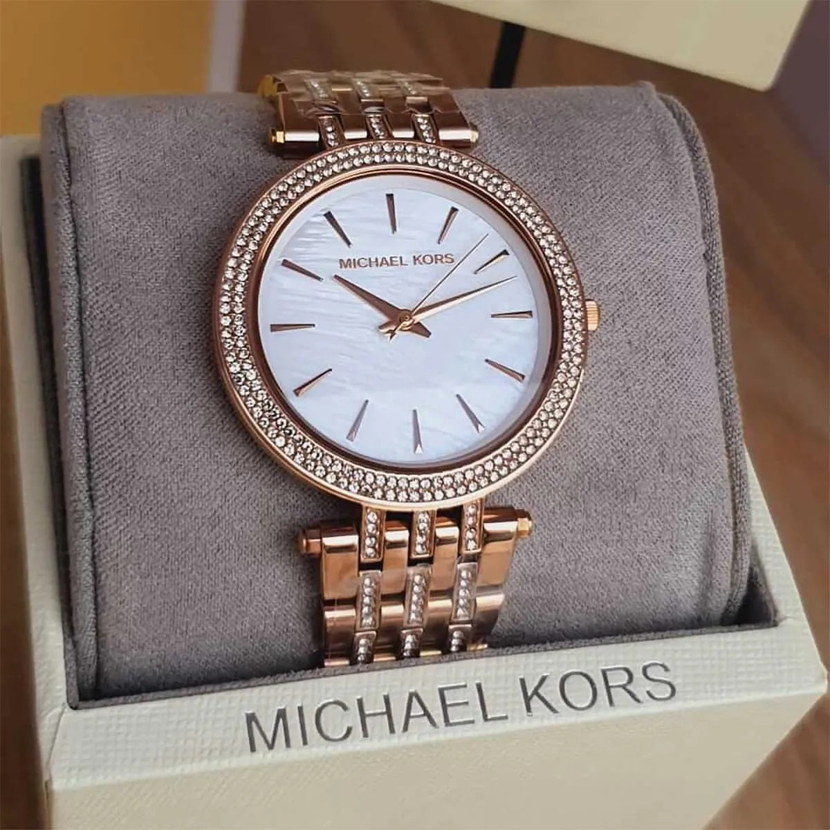 Michael Kors Women’s Watch Stainless Steel Rose Gold Strap With Mother Of Pearl Dial And Crystals MK3220