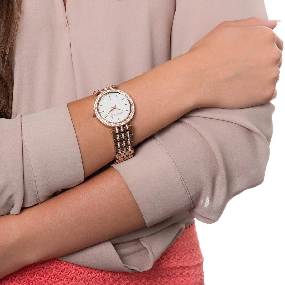 Michael Kors Women’s Watch Stainless Steel Rose Gold Strap With Mother Of Pearl Dial And Crystals MK3220