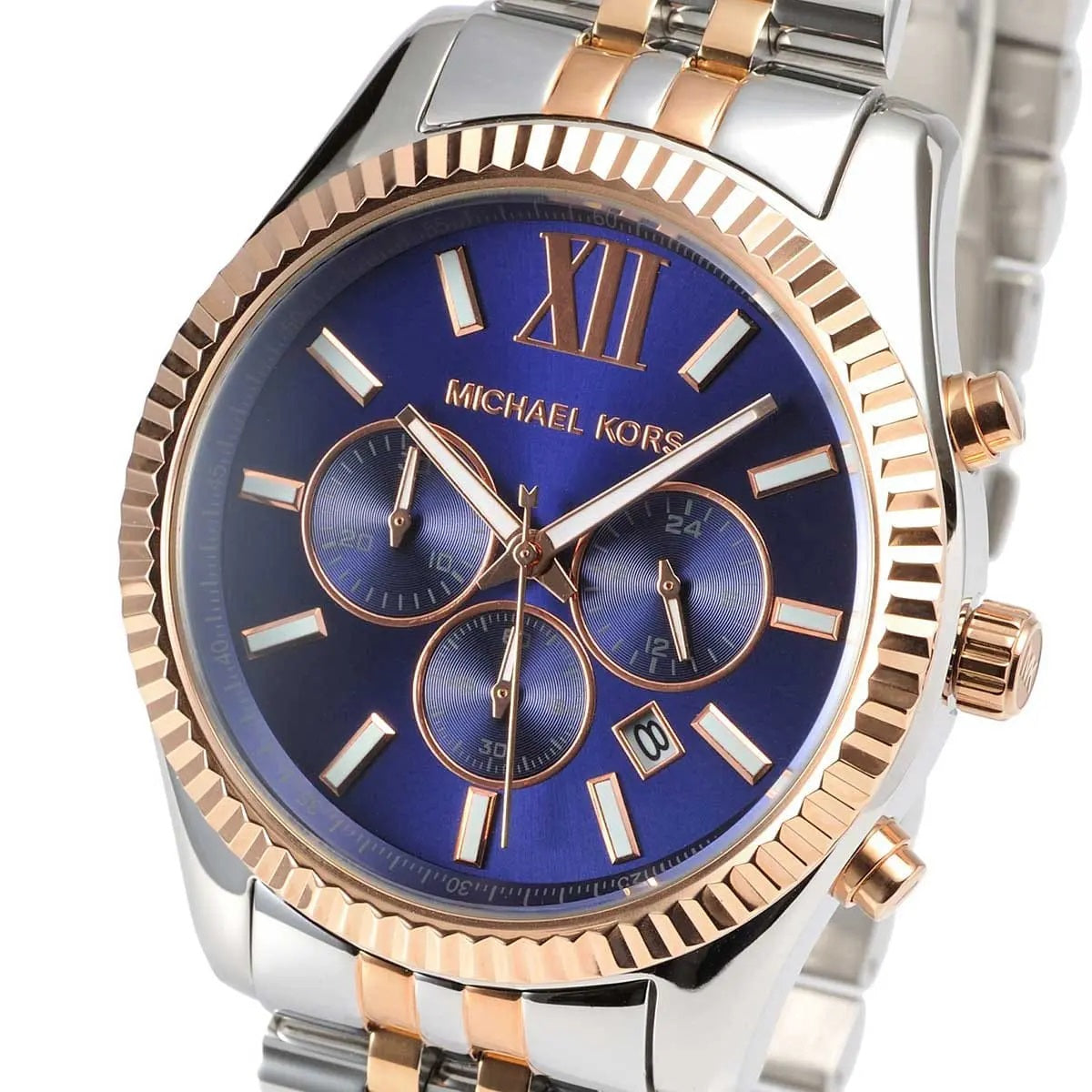 Michael Kors Men's Watch Stainless Steel Silver & Rose Gold Two-Tone Strap With Blue Dial MK8412