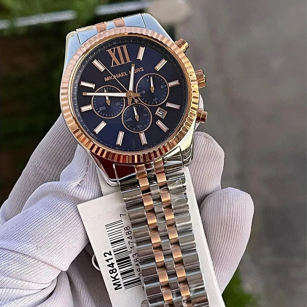 Michael Kors Men's Watch Stainless Steel Silver & Rose Gold Two-Tone Strap With Blue Dial MK8412