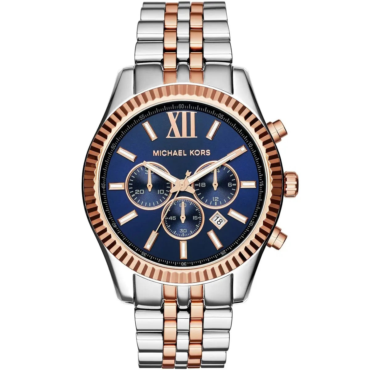 Michael Kors Men's Watch Stainless Steel Silver & Rose Gold Two-Tone Strap With Blue Dial MK8412