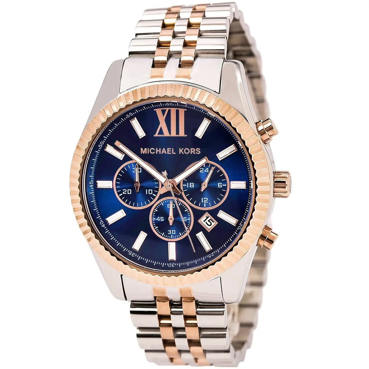 Michael Kors Men's Watch Stainless Steel Silver & Rose Gold Two-Tone Strap With Blue Dial MK8412