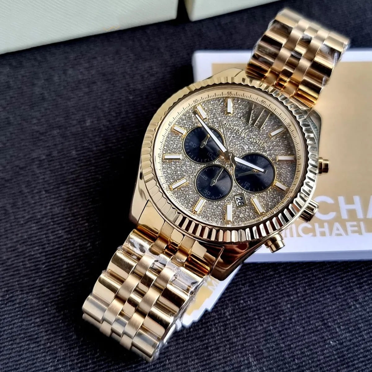 Michael Kors Men’s Watch Stainless Steel Gold Strap With Pave Crystal Dial MK8494