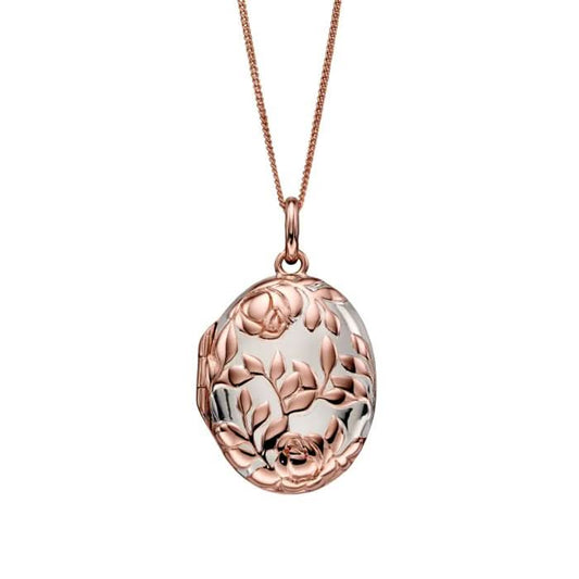 Elements Silver Rose Gold Plated Rose Bush Embossed Locket Pendant P4702