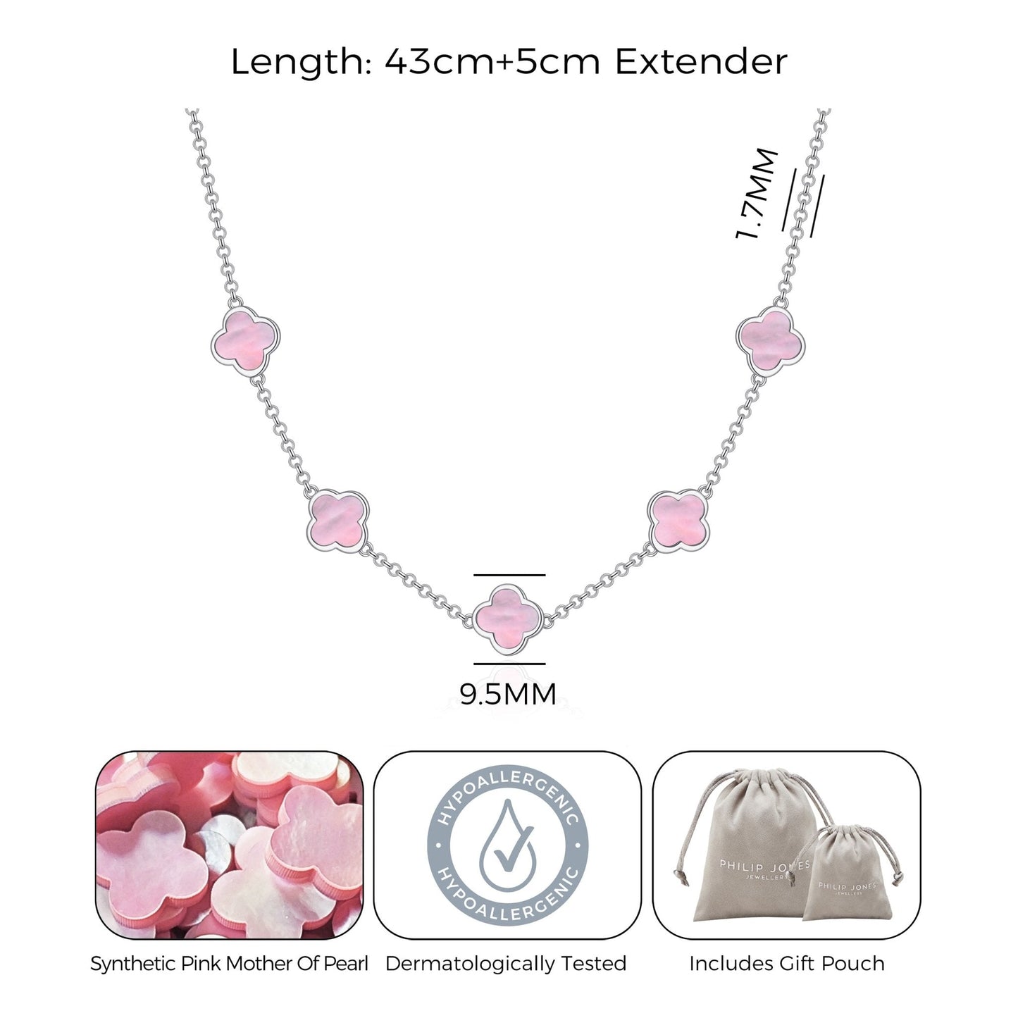 Pink Mother of Pearl Gemstone Multi Clover Necklace