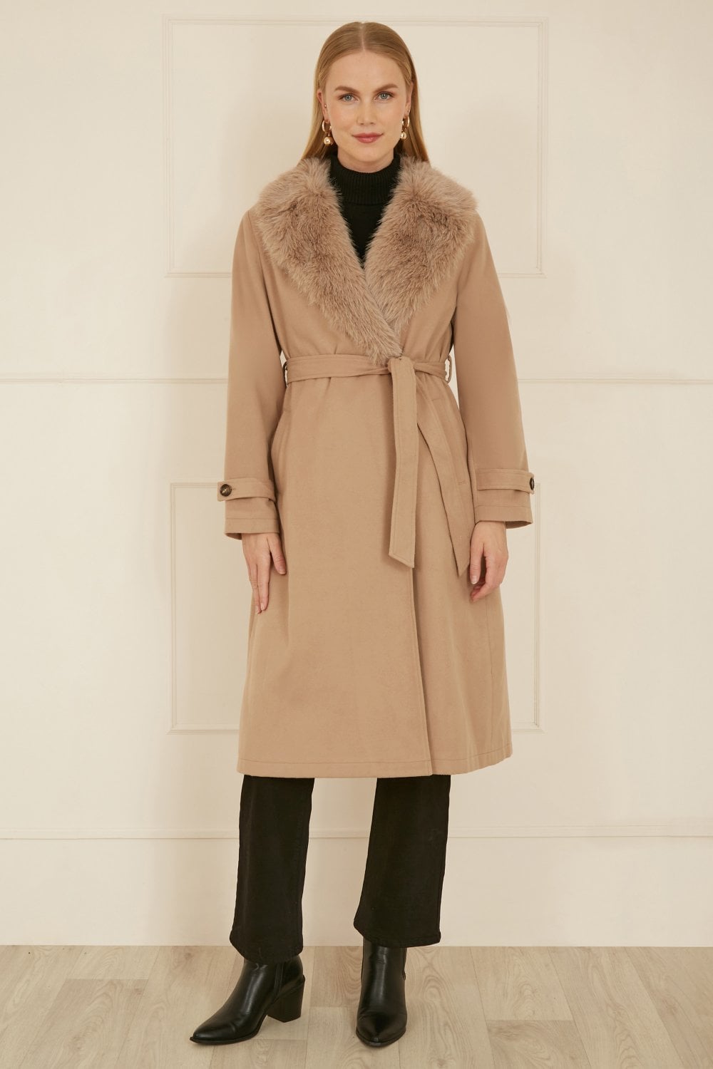 Yumi Beige Wrap Around Coat With Faux Fur Collar