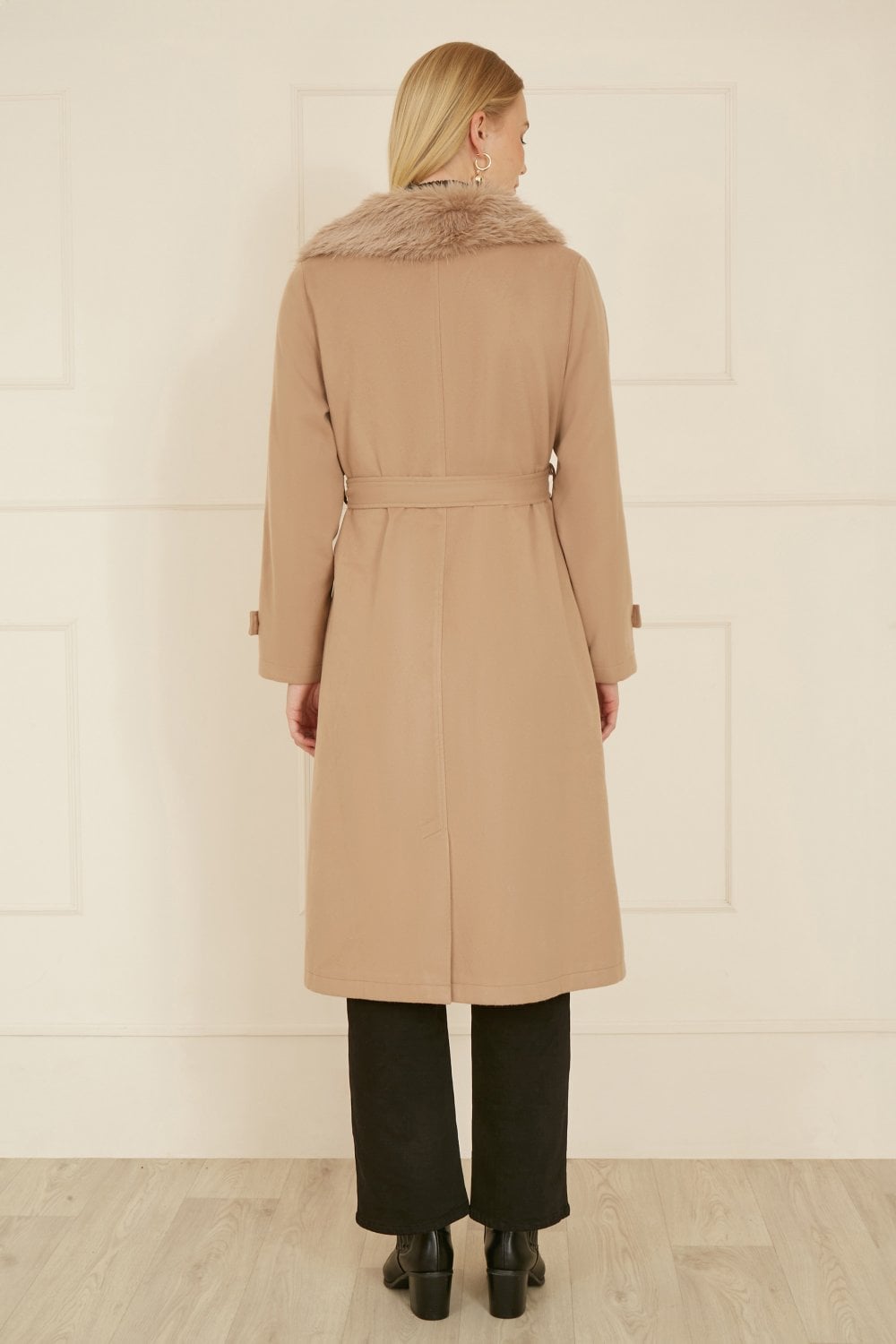 Yumi Beige Wrap Around Coat With Faux Fur Collar