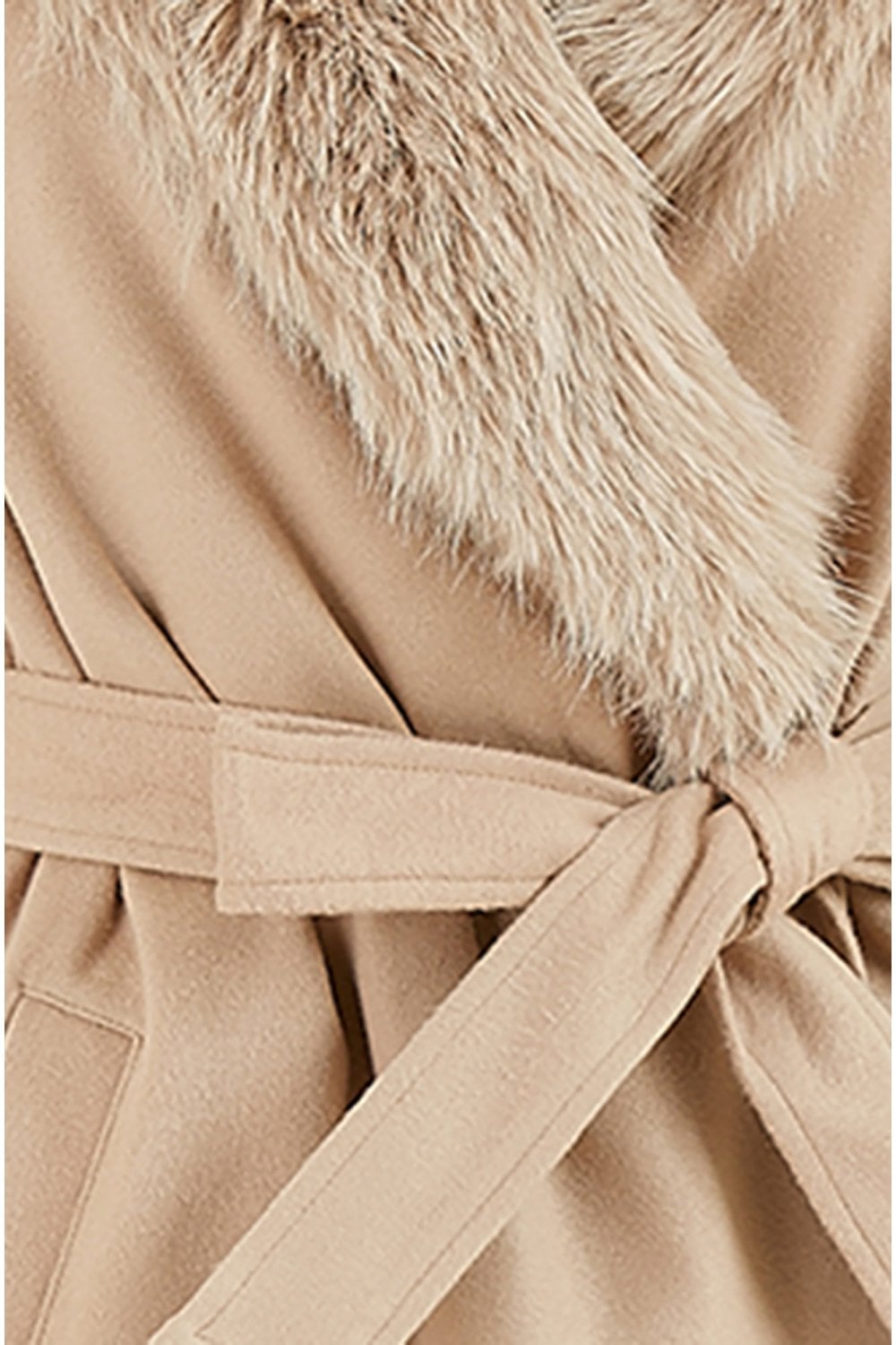 Yumi Beige Wrap Around Coat With Faux Fur Collar