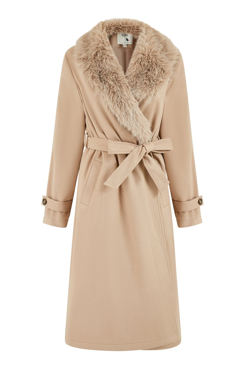 Yumi Beige Wrap Around Coat With Faux Fur Collar