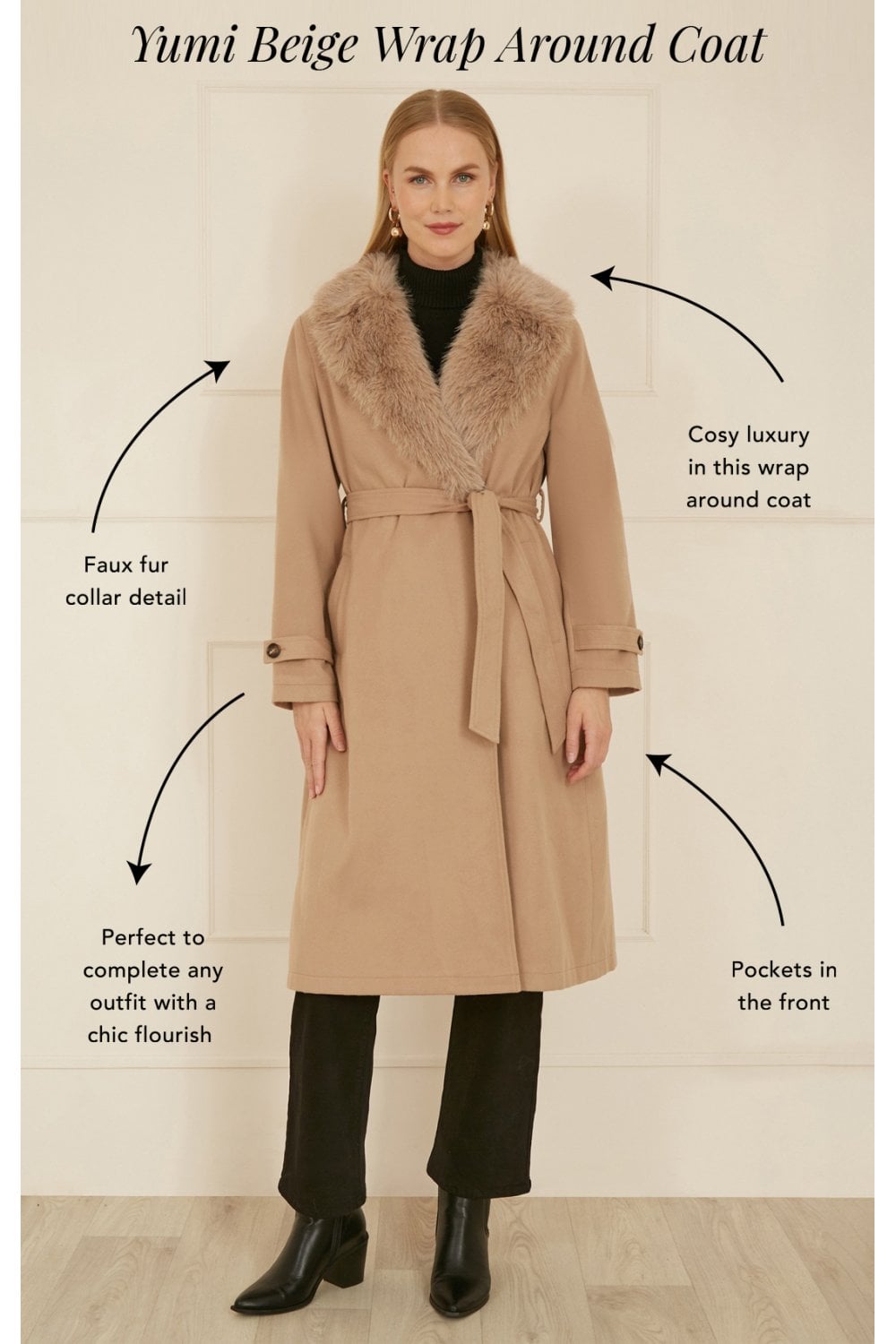 Yumi Beige Wrap Around Coat With Faux Fur Collar