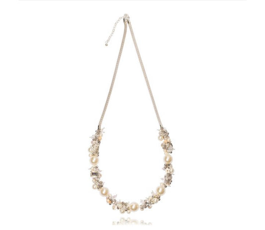 Silver Clear Crystal Cream Faux Pearls Floral Longline Necklace