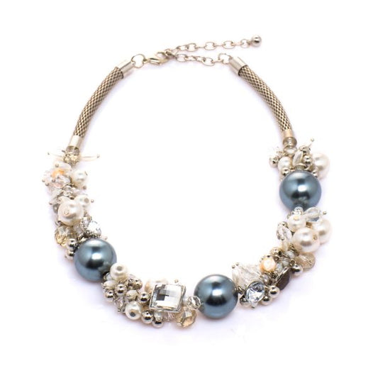 Silver Clear Crystal Cream and Grey Faux Pearls Clasp Necklace