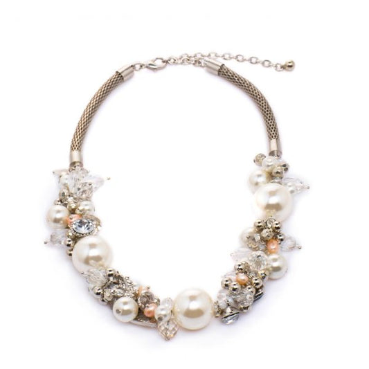 Silver Clear Crystal Cream Faux Pearls Clasp Necklace