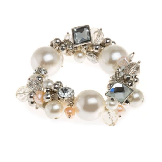 Silver Crystal and Cream Faux Pearls Elasticated Bracelet