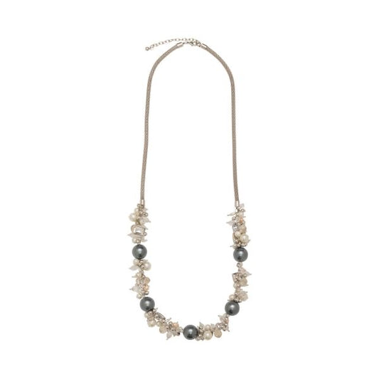 Silver Clear Crystal Cream and Grey Faux Pearls Floral Longline Necklace